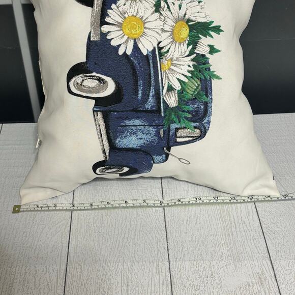 White Pillow with Blue Vintage Truck and Daisies - Picture 8 of 12